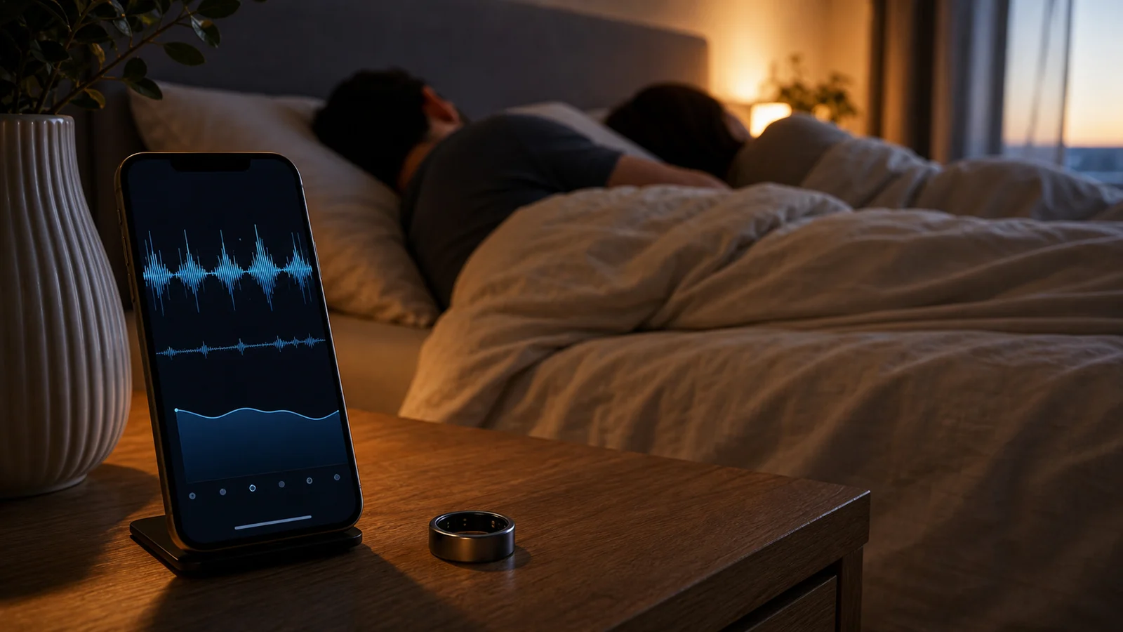 Smartphone affichant une courbe de ronflement et bague connectée sur une table de chevet près d'un couple endormi.