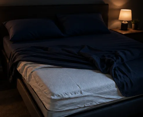 Matelas double décalé sur son sommier à lattes, laissant apparaître le cadre en pied de lit.