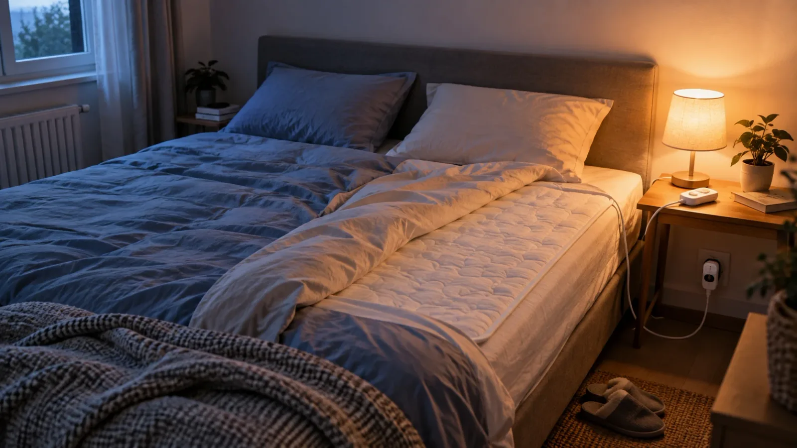 Chauffe-matelas électrique déplié sur la moitié d'un lit double, son boîtier de commande posé sur la table de chevet, chambre en fin de journée d'automne.