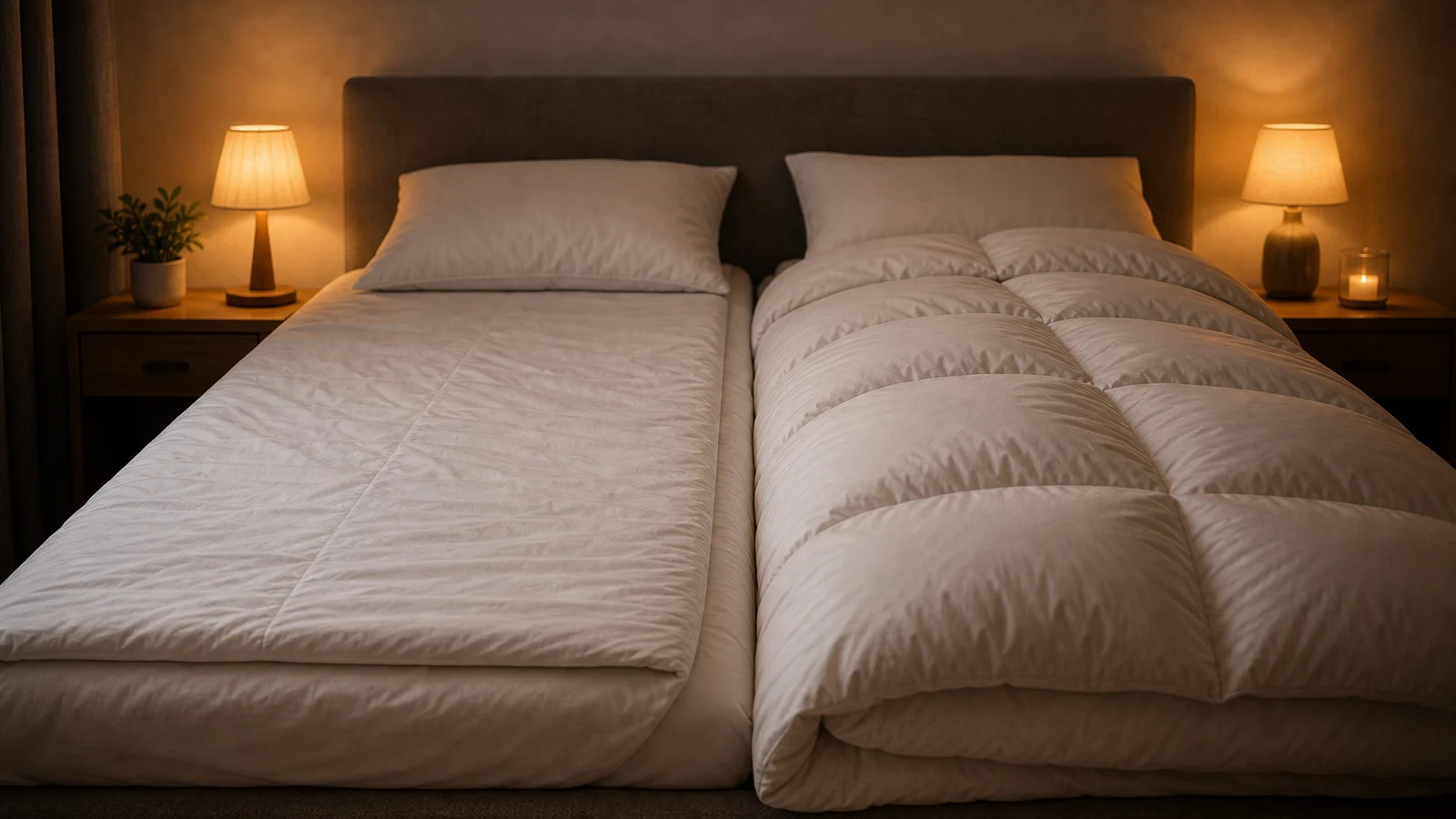 Deux couettes de grammages différents sur un lit double pour comparer une couette légère et une couette chaude.