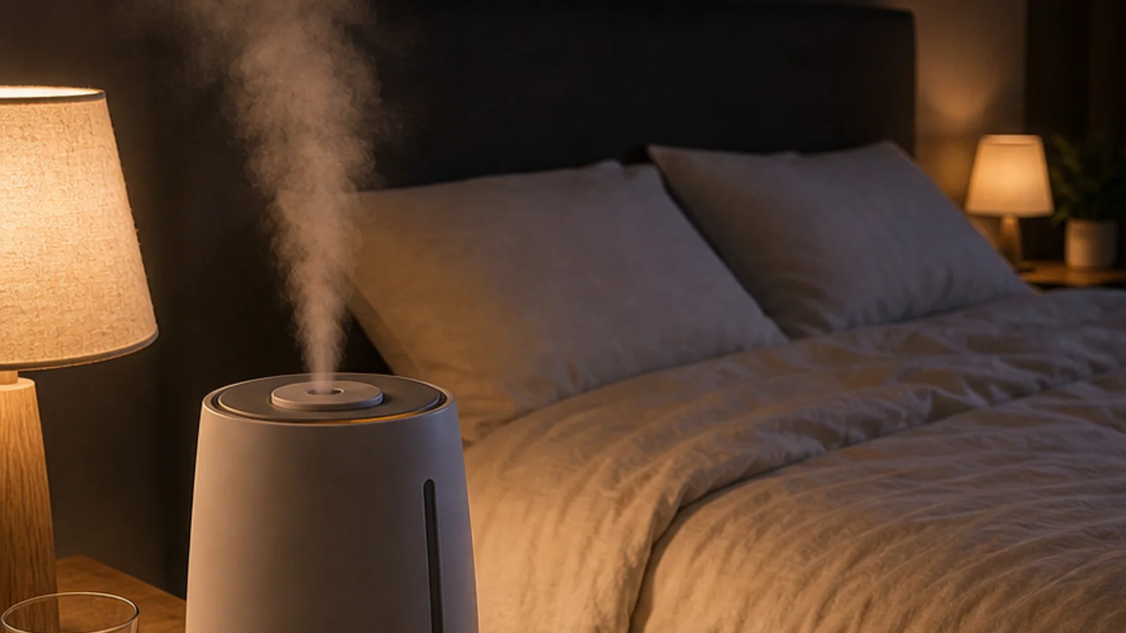 Humidificateur d'air diffusant une fine brume sur une table de nuit dans une chambre.