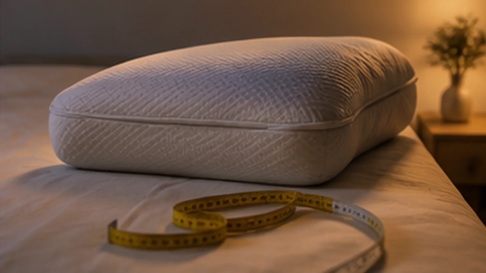 Oreiller ferme et épais posé sur un lit avec un mètre ruban pour mesurer sa hauteur.