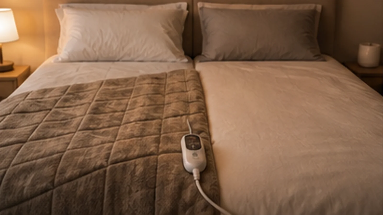 Couverture chauffante matelassée installée sur un seul côté d'un lit double.