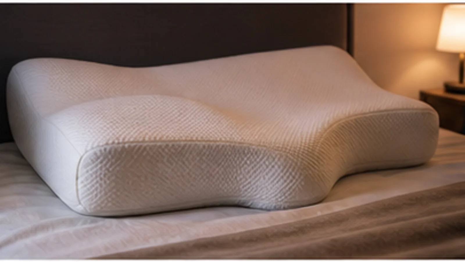 Oreiller ergonomique à mémoire de forme posé sur un lit dans une chambre.