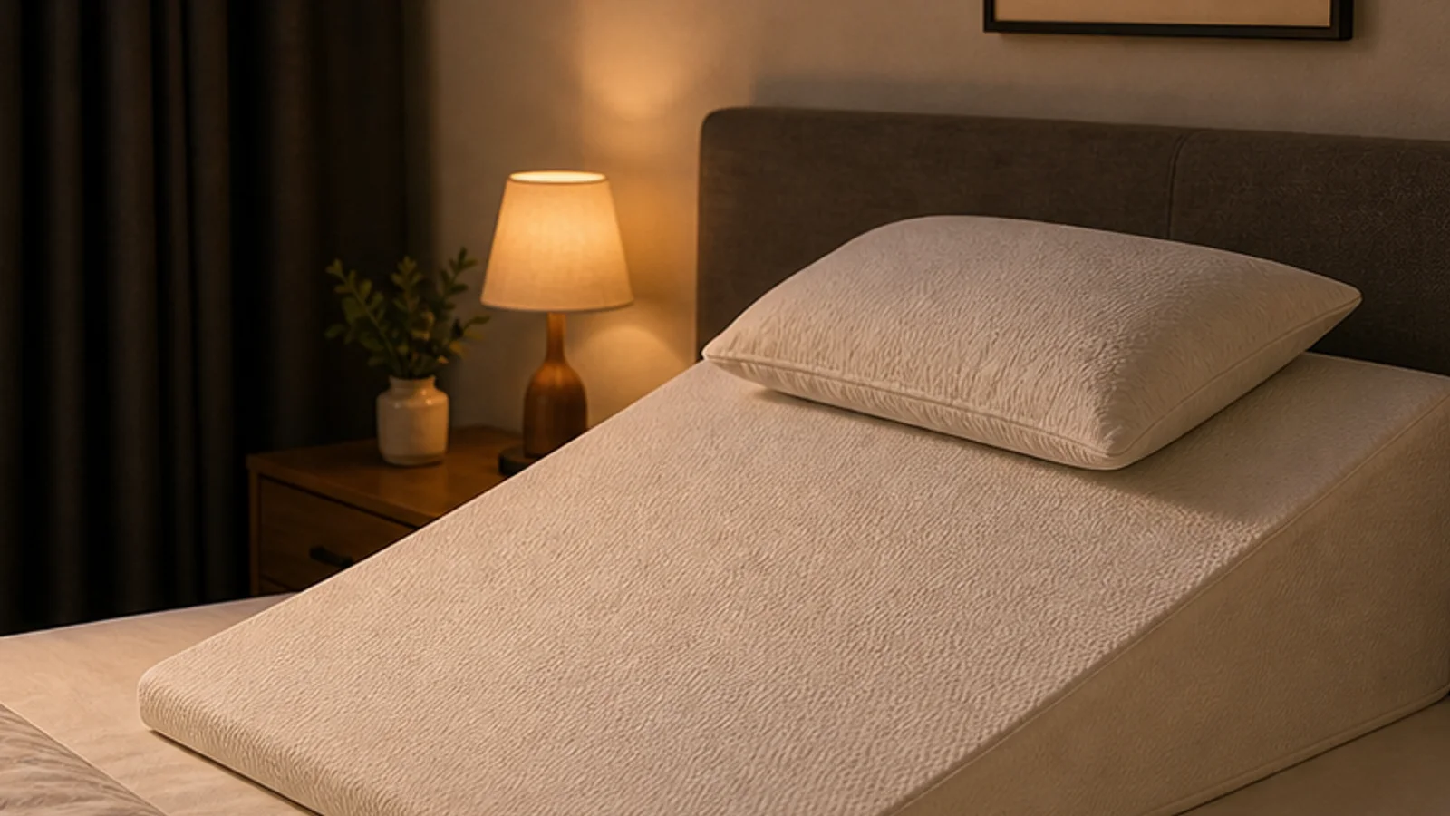 Oreiller incliné en mousse formant une pente douce pour surélever le buste sur un lit.