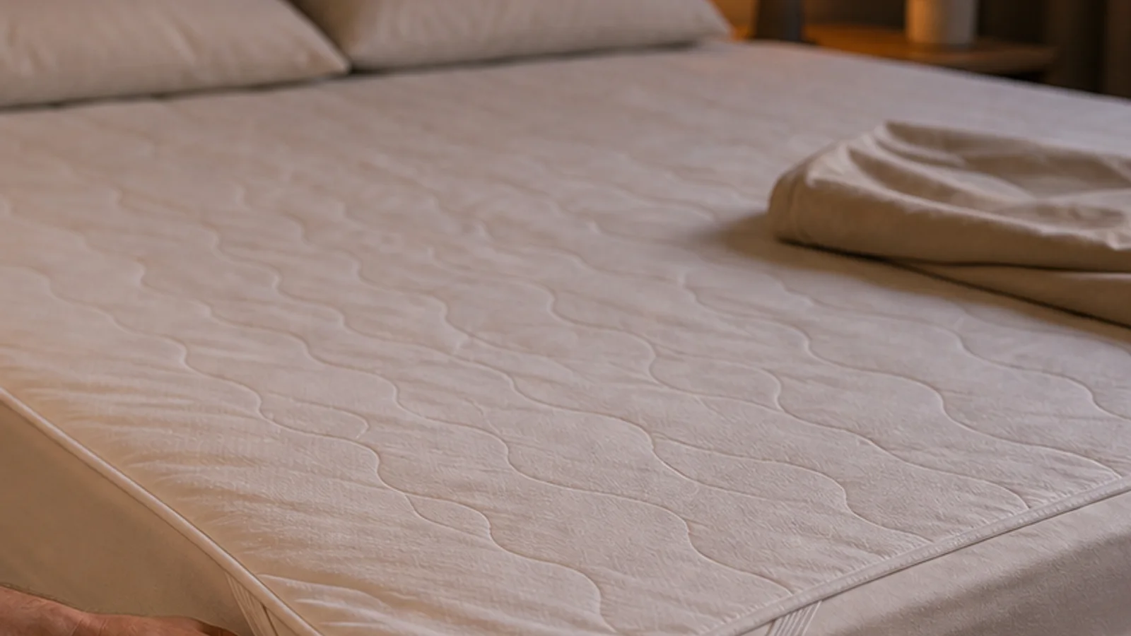 Protège-matelas imperméable et silencieux ajusté sur un lit double.