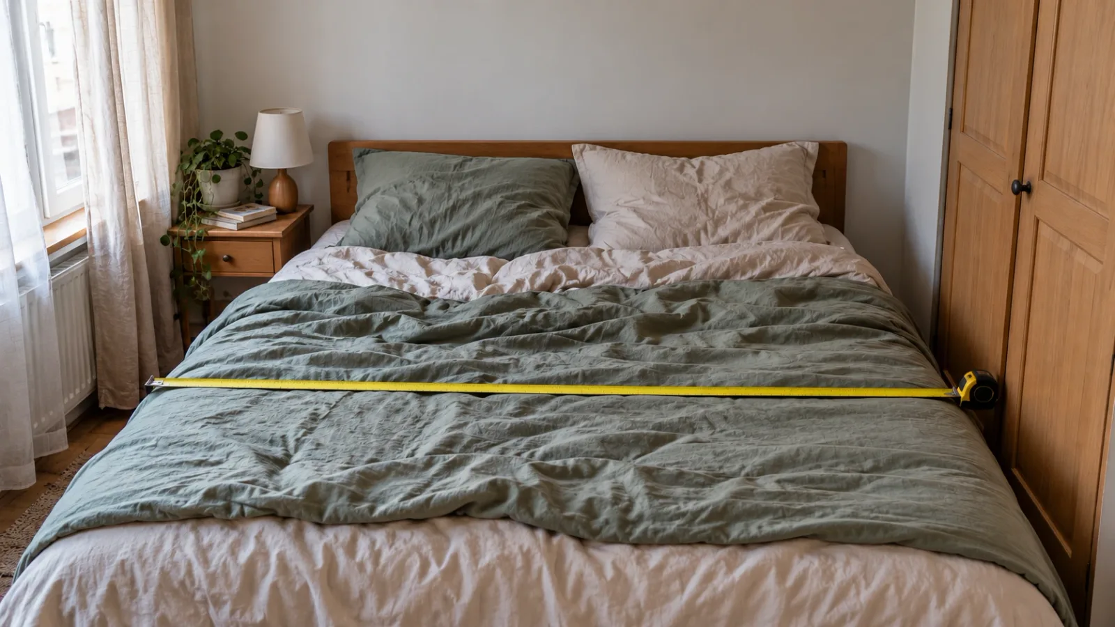 Mètre ruban déroulé en travers d’un lit double défait, dans une chambre claire de fin de matinée, avec une armoire fermée juste à côté du lit.