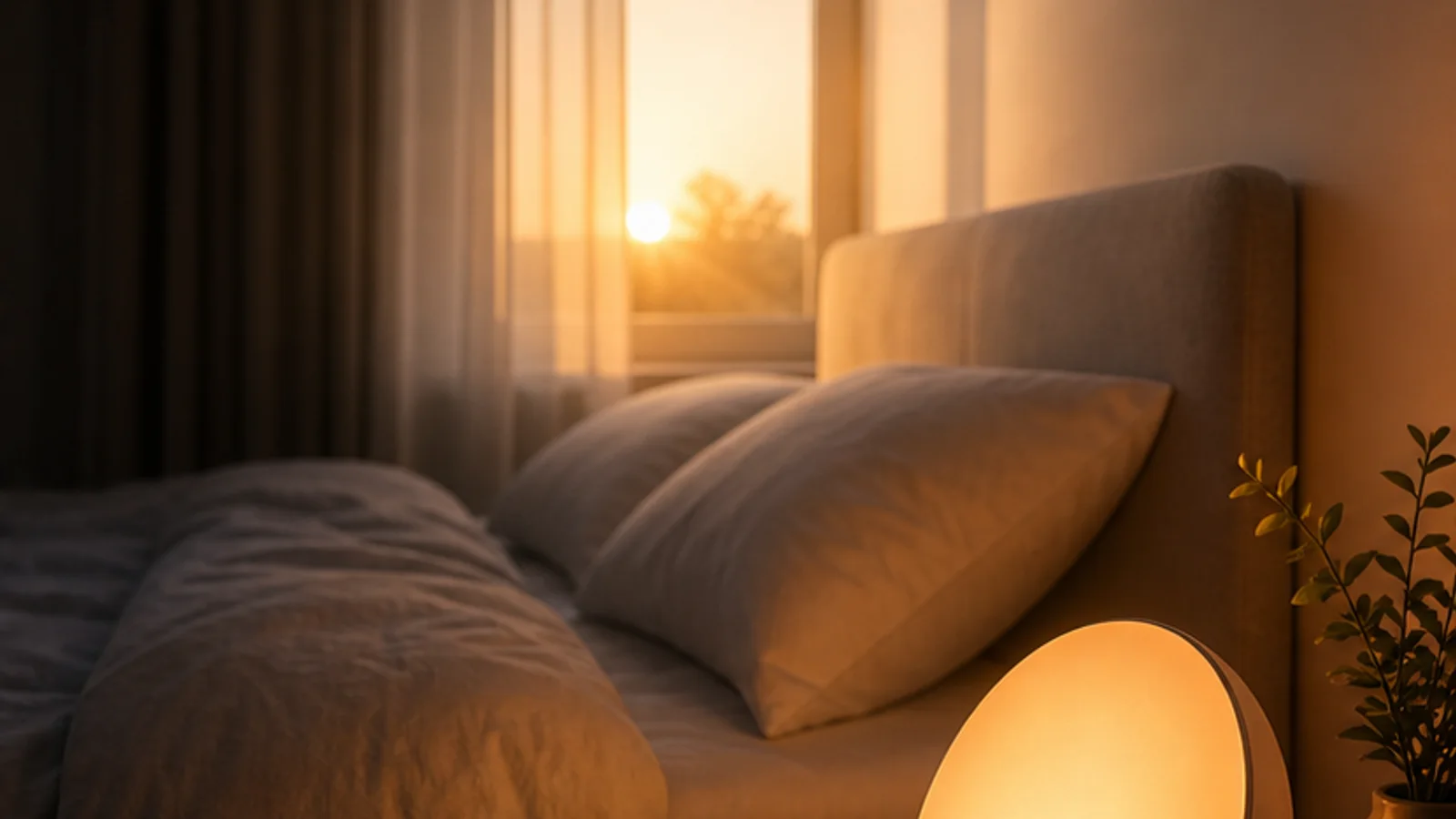 Réveil simulateur d'aube diffusant une lumière douce près d'un lit au petit matin.