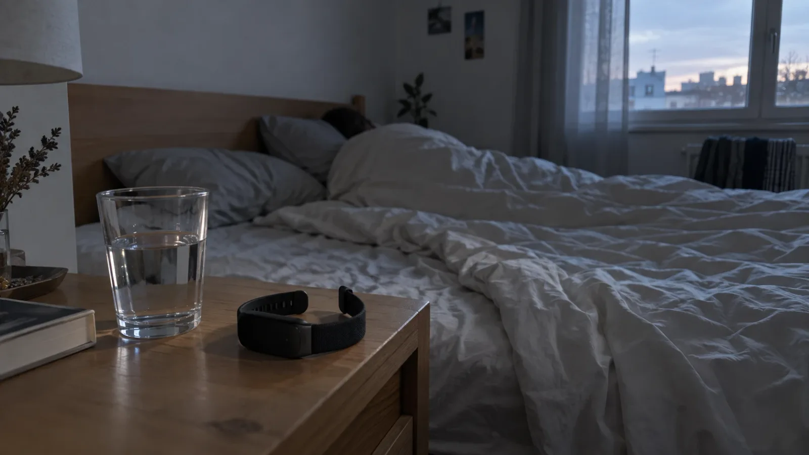 Bracelet réveil vibrant posé sur une table de chevet au petit matin, à côté d'un lit double où quelqu'un dort encore sous la couette, lumière grise d'avant l'aube.