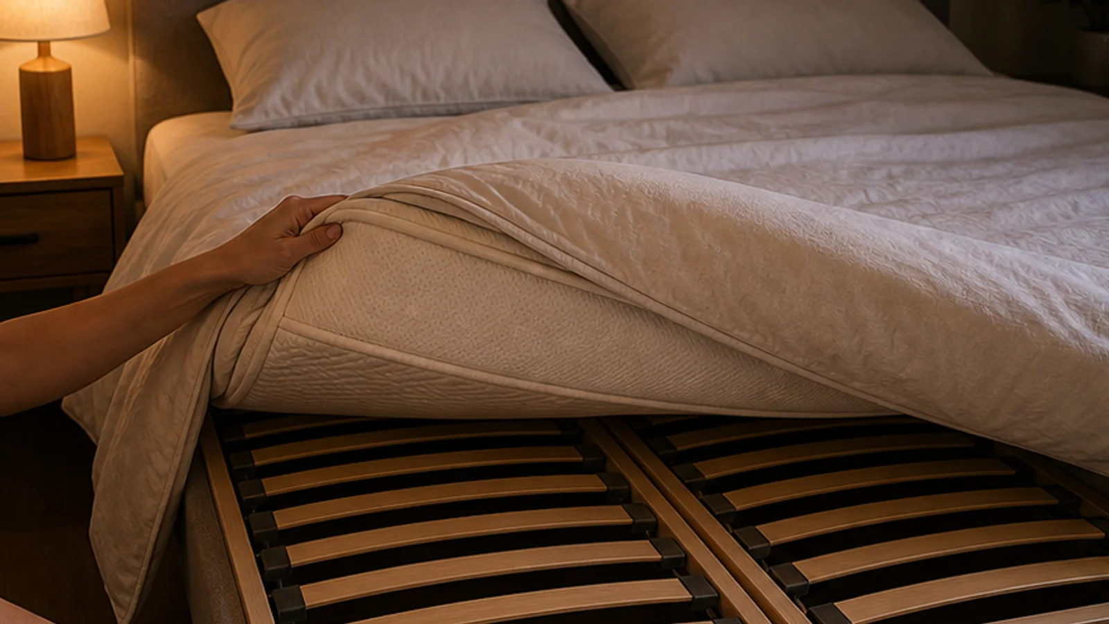 Matelas relevé sur un lit double révélant deux sommiers à lattes côte à côte.