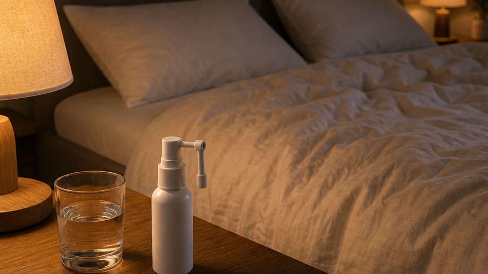 Flacon de spray anti-ronflement posé sur une table de nuit devant un lit.