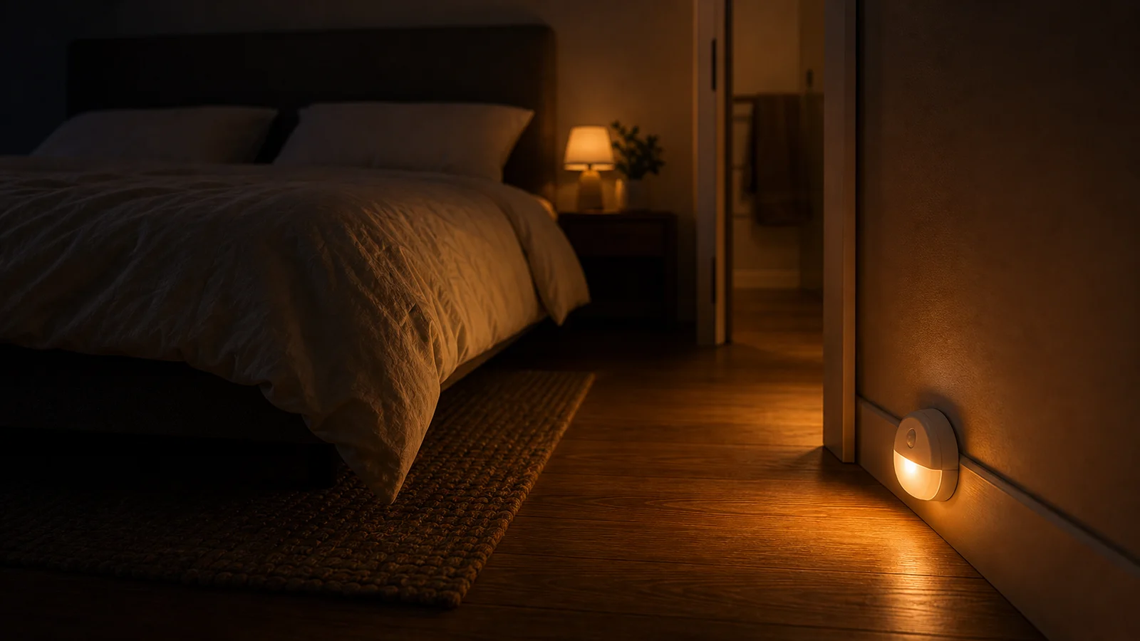 Veilleuse à lumière ambrée placée au ras du sol pour se lever la nuit sans réveiller son partenaire.